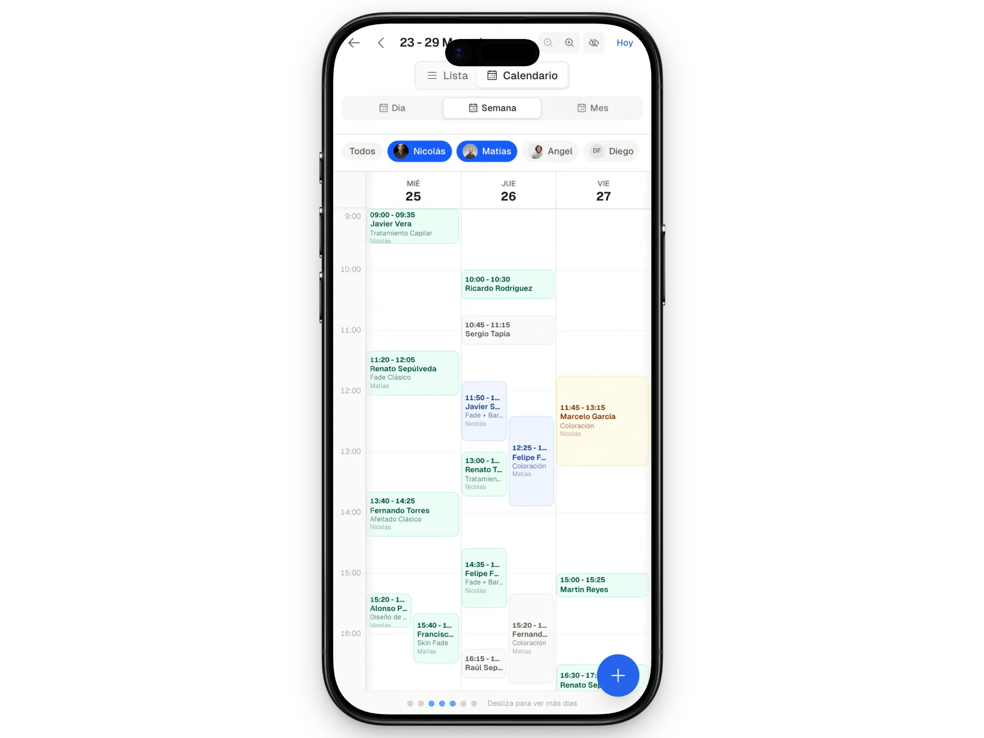 App movil de AgendaLibre — agenda semanal por trabajador